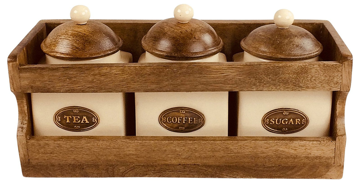 Wooden Rack with 3 Ceramic Jars