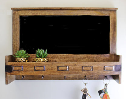 Mango Wood Blackboard With 5 Storage Slots & Key Hooks