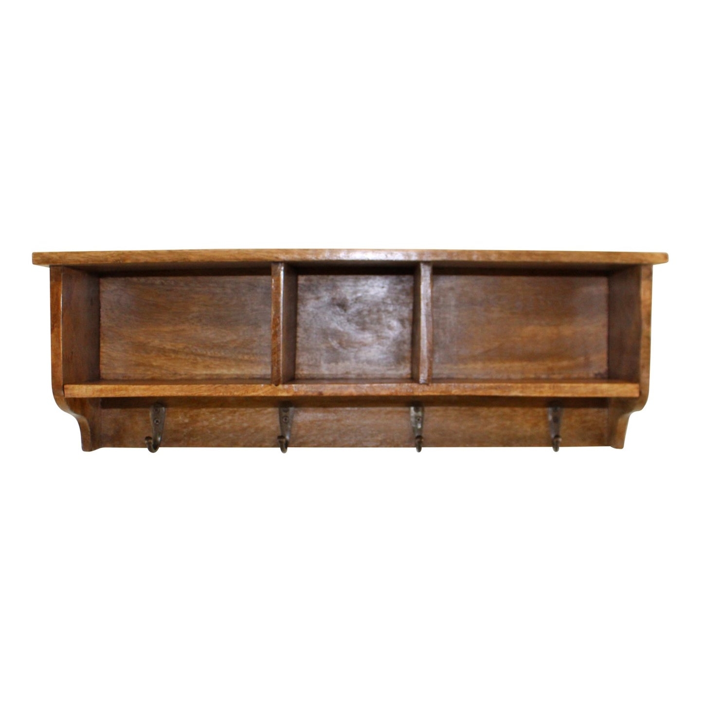 Mango Wood Wall Shelf With Storage Slots & 4 Hooks