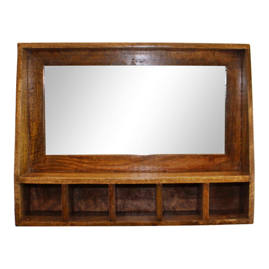 Mango Wood Wall Shelf With Mirror & Storage Slots