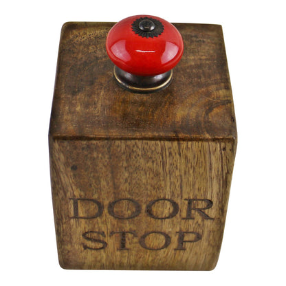 Mango Wood Doorstop With Red Ceramic Knob