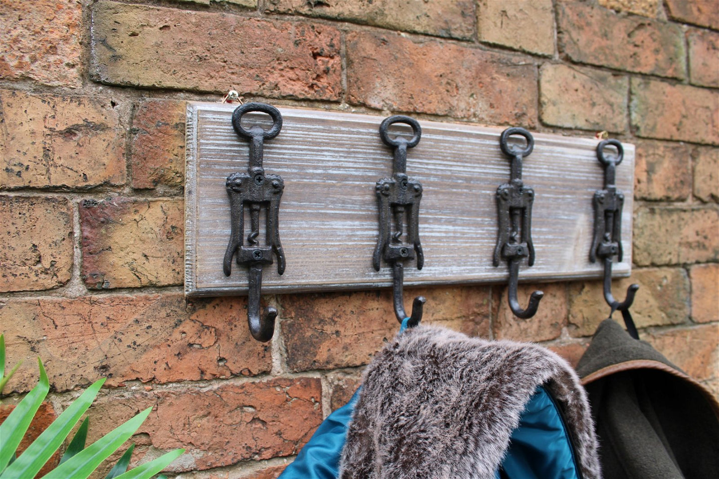 Rustic Cast Iron and Wooden Wall Hooks, Bottle Openers