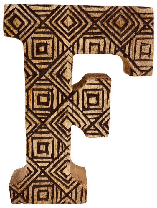 Hand Carved Wooden Geometric Letter F