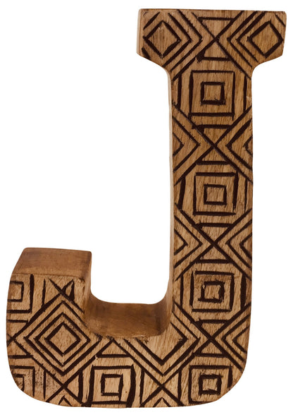 Hand Carved Wooden Geometric Letter J