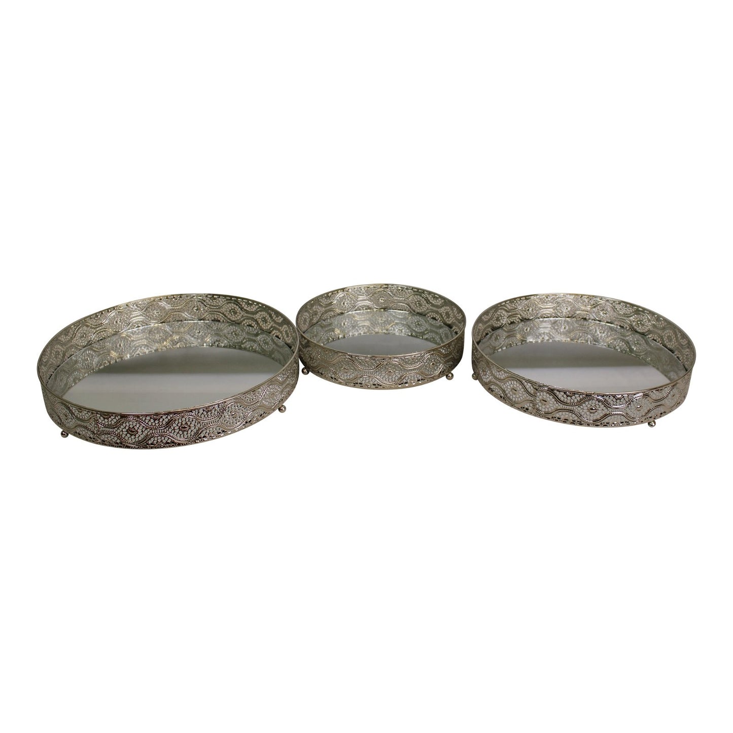 Set Of 3 Silver Metal and Mirrored Candle Plates