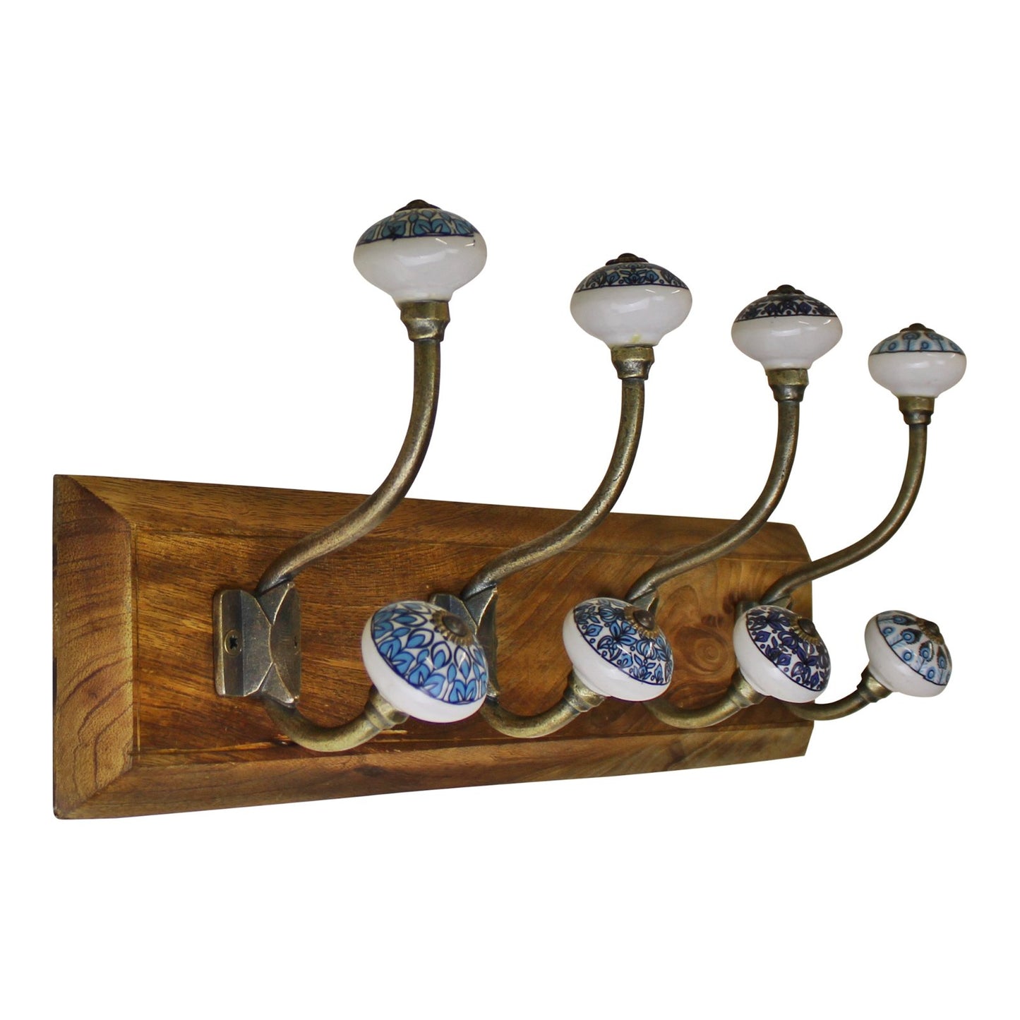 4 Double Ceramic Peacock Design Coat Hooks On Wooden Base