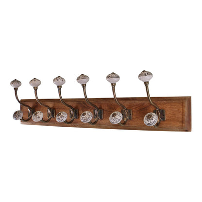 6 Double Ceramic Ivory Coat Hooks On Wooden Base