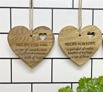 Set of 4 Wood Hanging Black Etched Life Recipe Heart Plaque