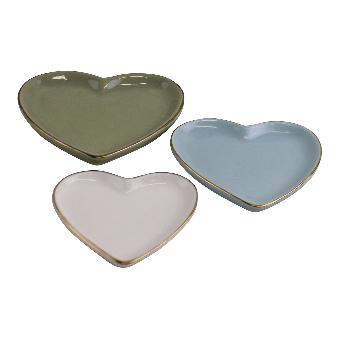 Set Of 3 Heart Shaped Ceramic Trinket Plates With A Gold Edge