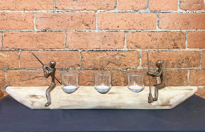 Three Tea Light Holder With Bronze Men Rowing