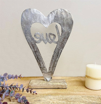 Metal Silver Heart Love On A Wooden Base Large