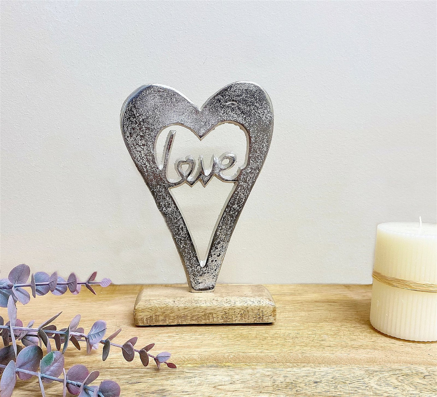 Metal Silver Heart Love On A Wooden Base Small