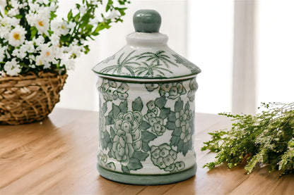 Ceramic Green Parrot Palm Willow Urn Jar With Lid 16cm