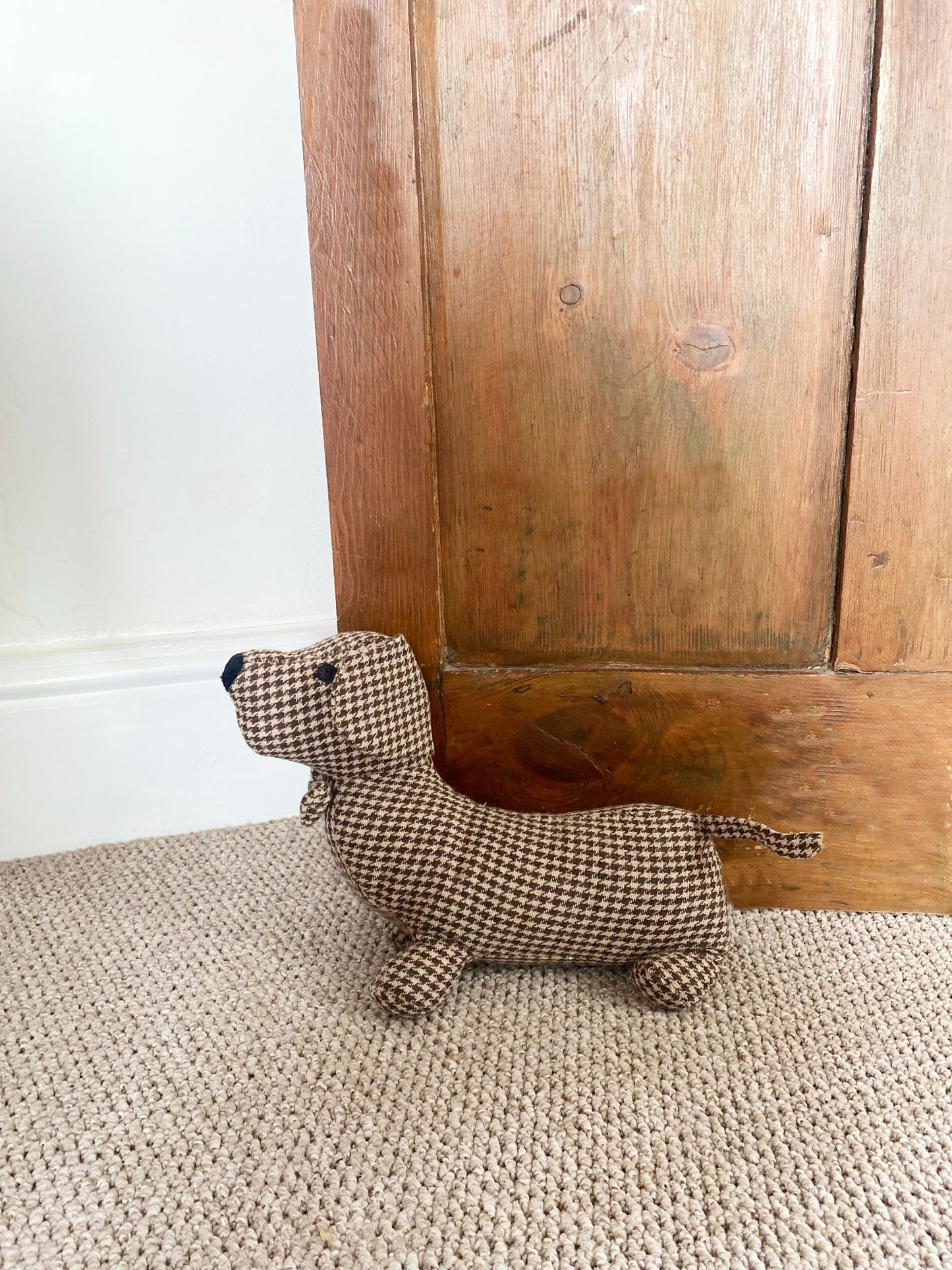 Brown Herringbone Fabric Sausage Dog Doorstop