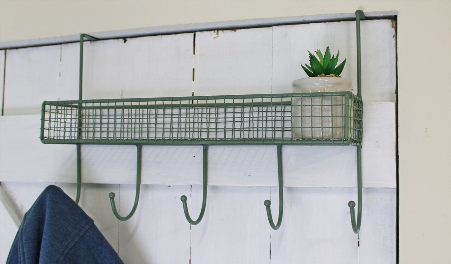 Mesh Over Door Shelf With 5 Hooks Green